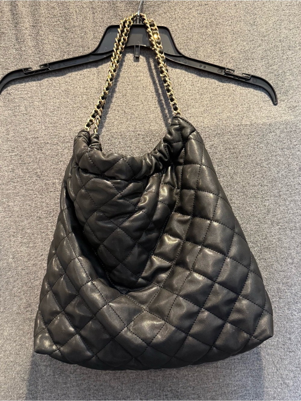 INC International Concepts Black Quilted Hobo Tote Shoulder Bag Gold Chain
